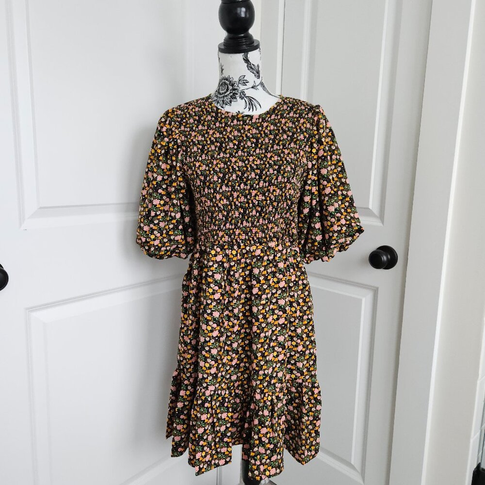 Melloday Floral Puff Sleeve Smocked Dress | L